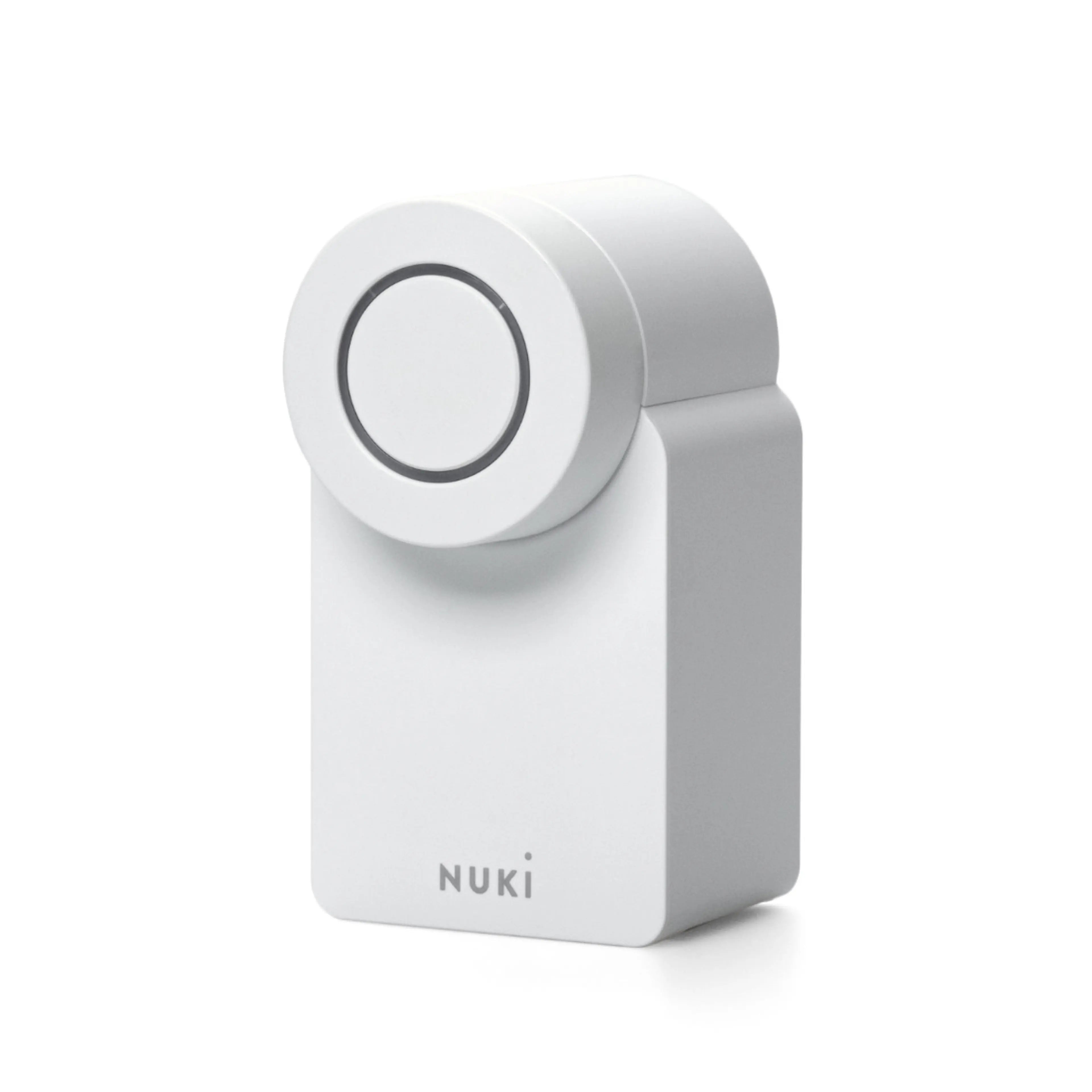 Nuki Smart Lock Go in Weiß, Schrägansicht mit rundem Drehknopf, LED-Ring und NUKI-Schriftzug