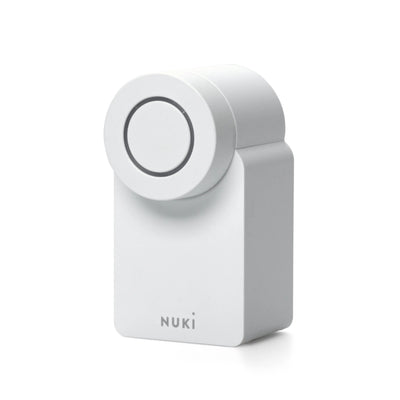 Nuki Smart Lock Go in Weiß, Schrägansicht mit rundem Drehknopf, LED-Ring und NUKI-Schriftzug