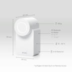Maßgrafik des Nuki Smart Lock Go mit Abmessungen, Gewicht, Funkstandards, Temperaturbereich und Batterietyp