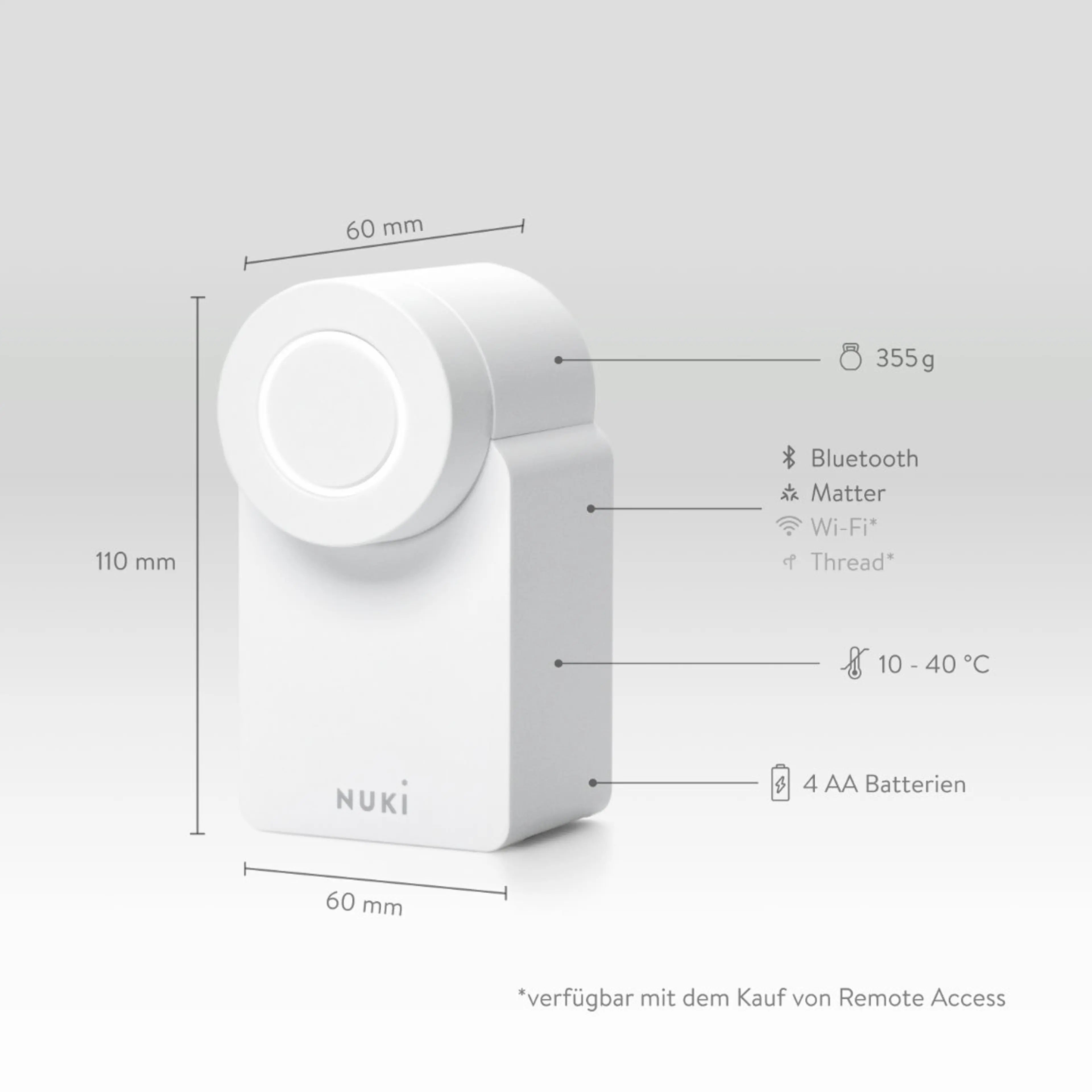 Maßgrafik des Nuki Smart Lock Go mit Abmessungen, Gewicht, Funkstandards, Temperaturbereich und Batterietyp