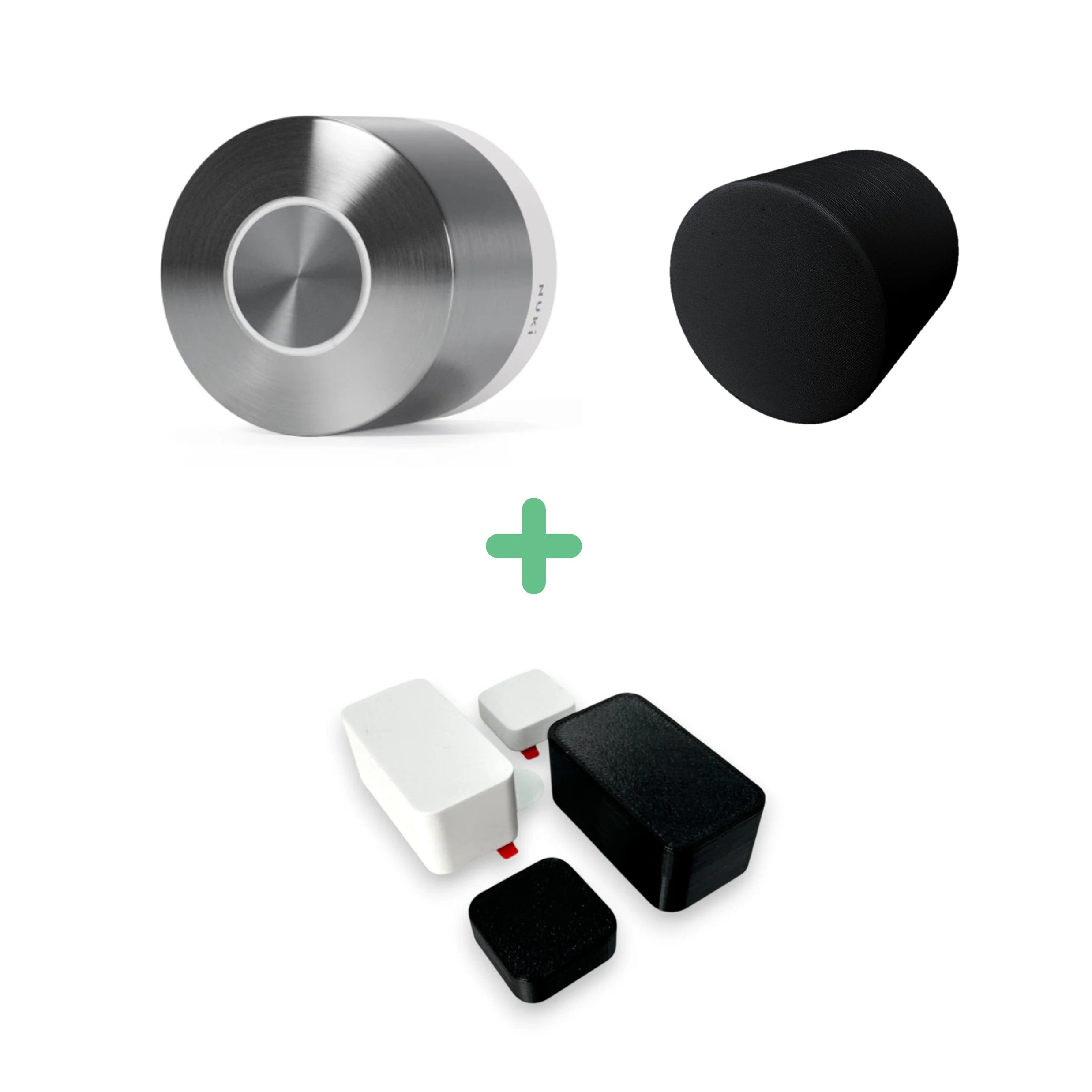 Nuki Smart Lock Ultra mit schwarzer Schutzabdeckung und Door Sensor samt schwarzen Sensorabdeckungen