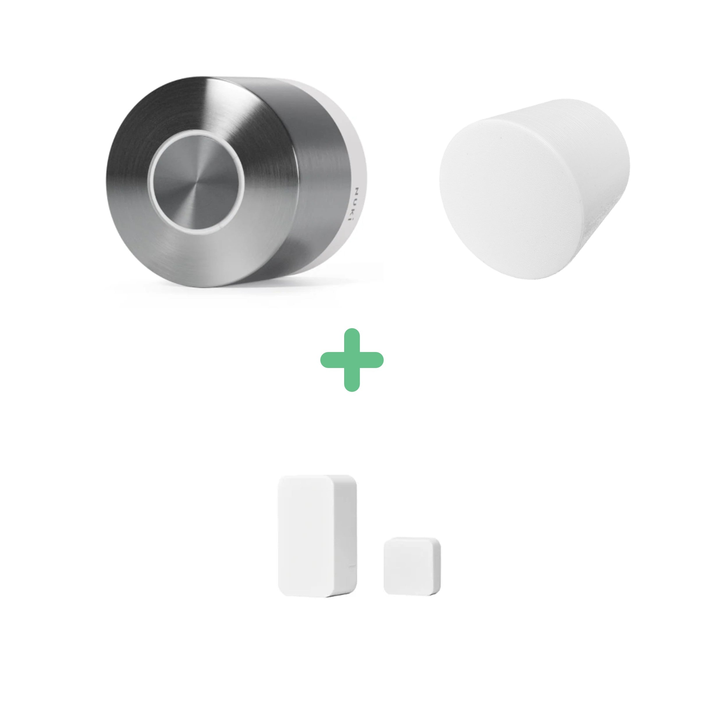 Nuki Smart Lock Ultra mit weißer Schutzabdeckung und weißem Door Sensor als Bundle