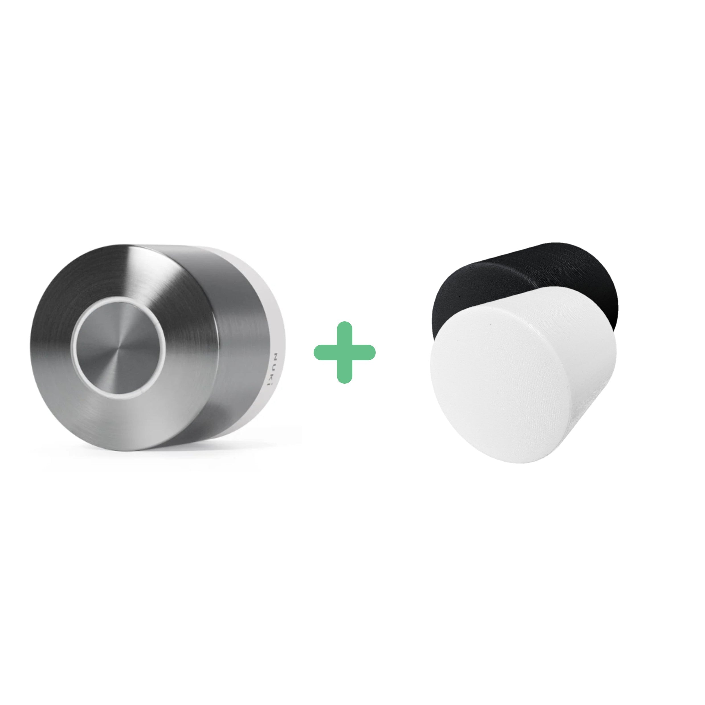 Nuki Smart Lock Ultra neben der Schutzabdeckung in Weiß und Schwarz, dazwischen ein grünes Plus