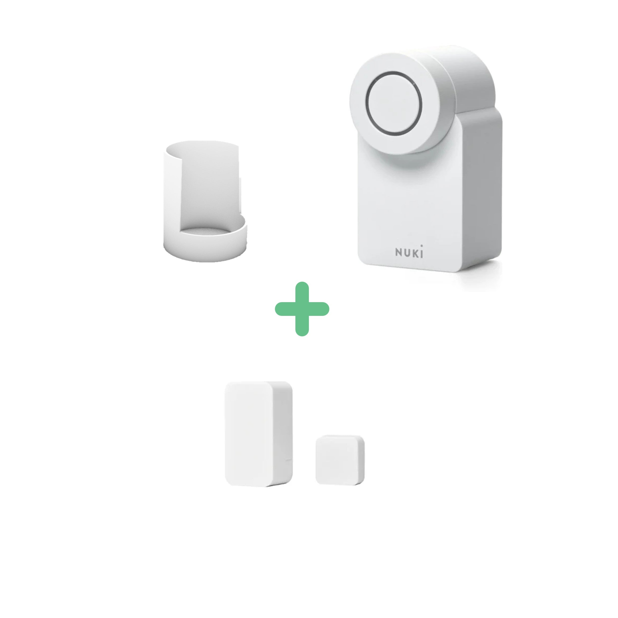 Nuki Smart Lock Go in Weiß mit weißer Schutzabdeckung und zweiteiligem Door Sensor, grünes Plus