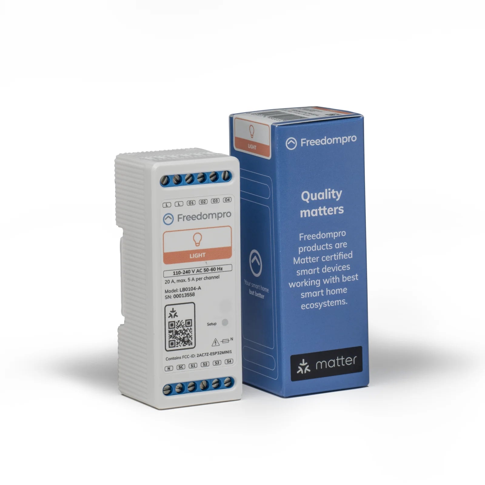Freedompro LB0104-A für die DIN-Schiene neben der blauen Verpackung mit Matter-Logo