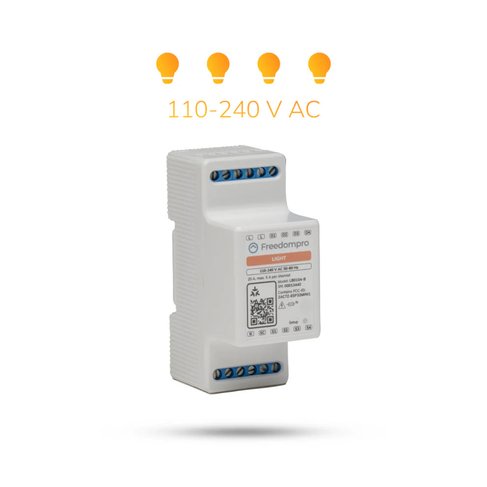 Freedompro LB0104-B unter vier Glühlampen-Symbolen und der Angabe 110-240 V AC