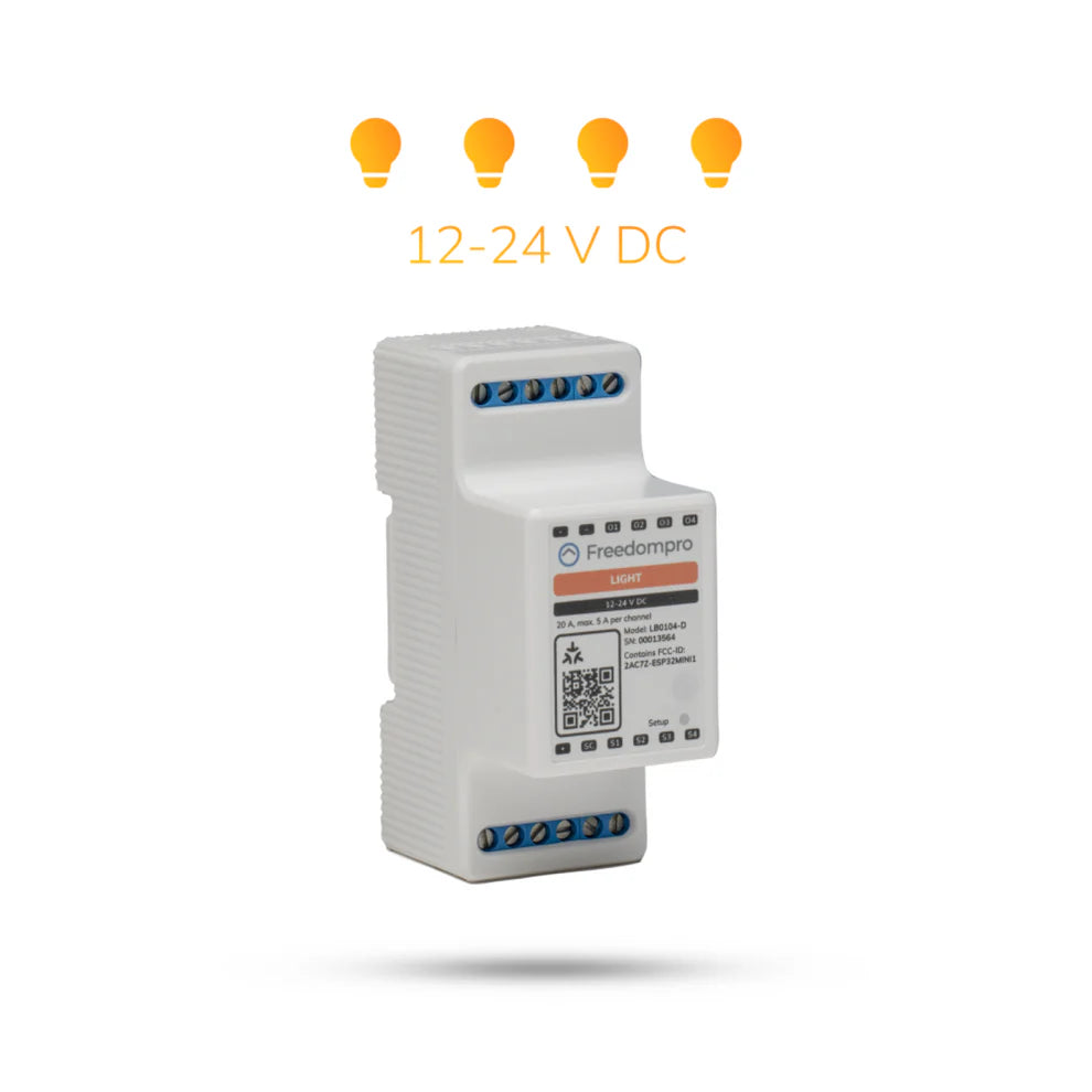 Freedompro LB0104-D im abgestuften Gehäuse, darüber vier Lampensymbole und 12-24 V DC