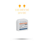 Freedompro LB0602-E schräg von vorn, darüber zwei Lampensymbole, 110-240 V AC und 24 V DC