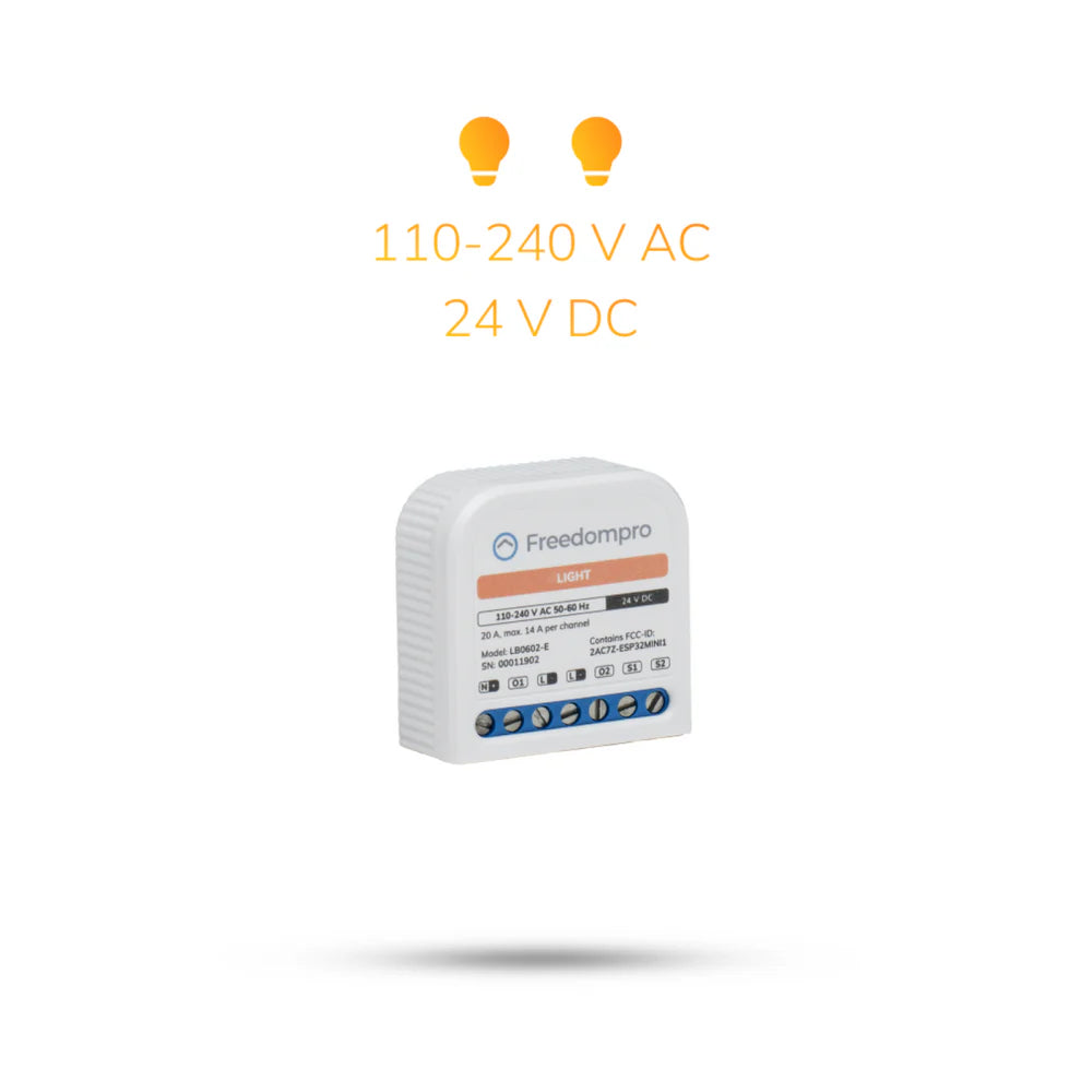 Freedompro LB0602-E schräg von vorn, darüber zwei Lampensymbole, 110-240 V AC und 24 V DC