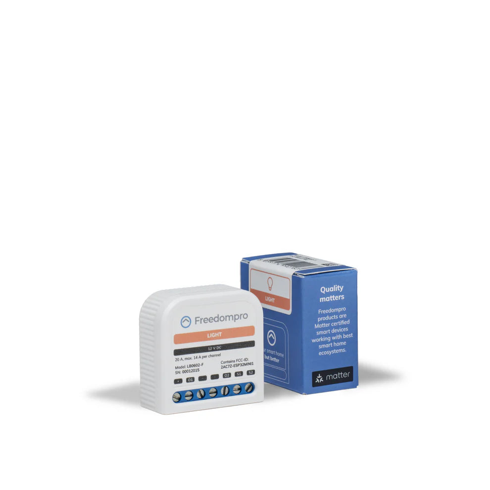 Freedompro LB0602-F 2 Kanal Licht Relais neben der blauen Matter-Verkaufsverpackung