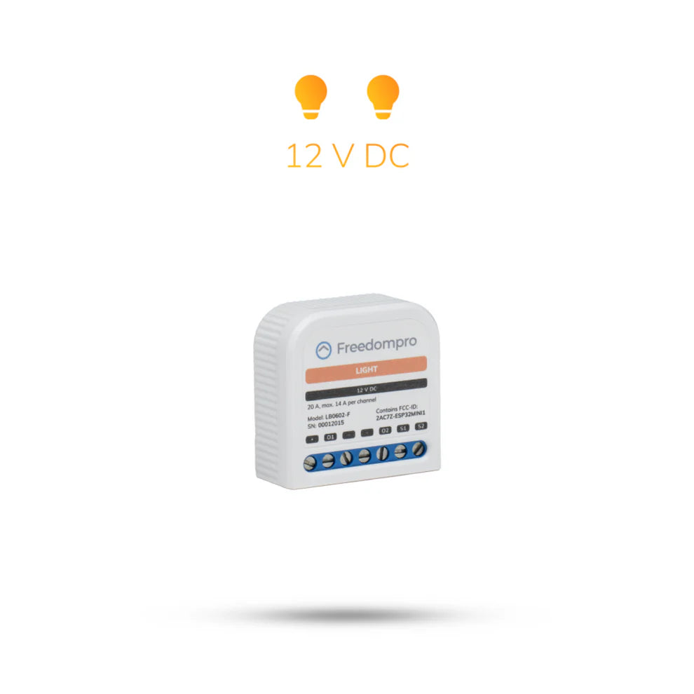 Freedompro LB0602-F schräg von vorn, darüber zwei Lampensymbole und die Angabe 12 V DC