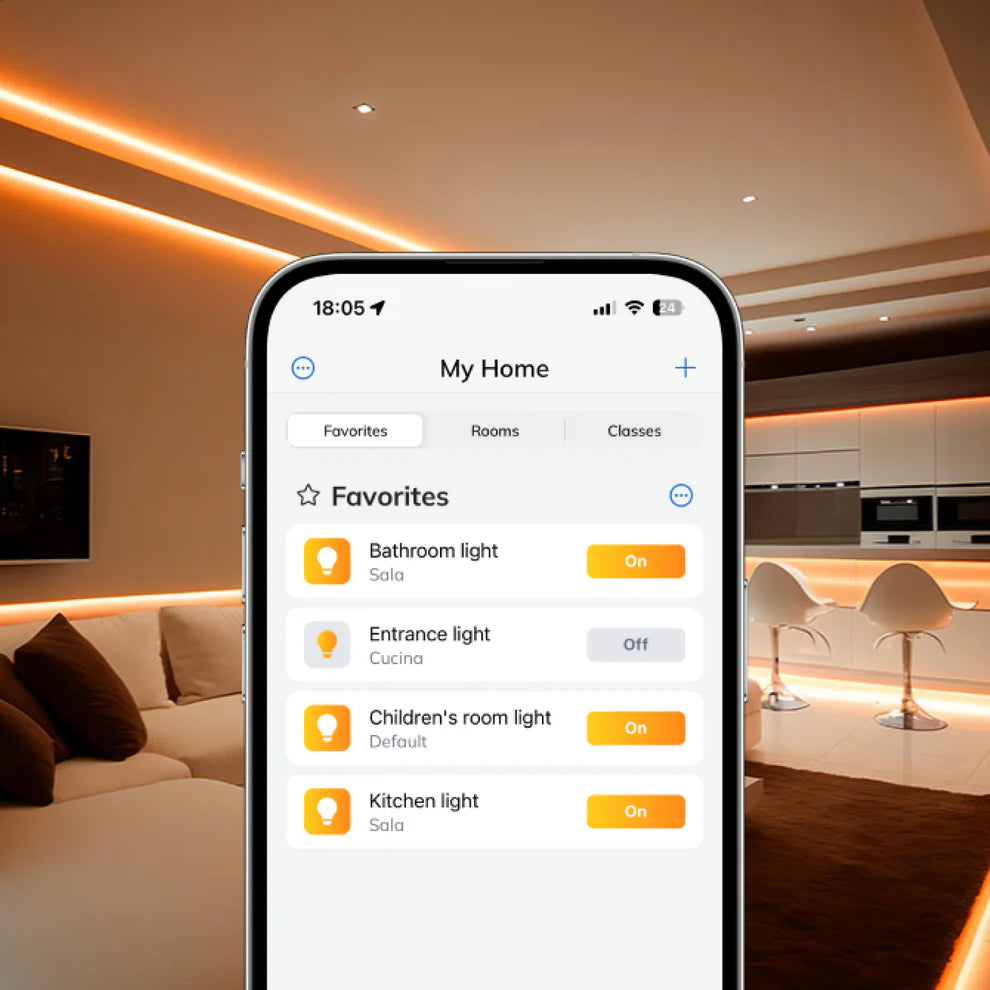 Home-App im Großformat mit vier Lichtern, dahinter beleuchtete Wohnküche, Steuerung für LB0602-F