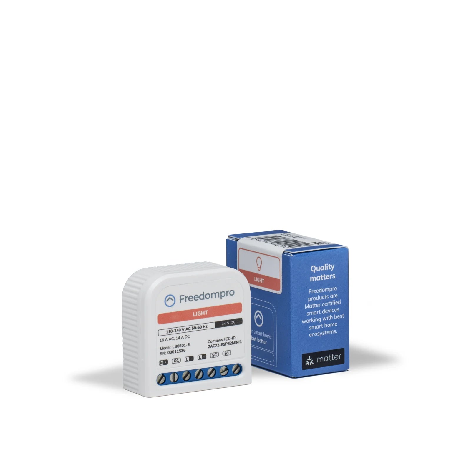 Freedompro LB0801-E Licht Relais mit Schraubklemmen neben der blauen Matter-Verpackung