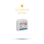 LB0801-E Licht Relais schräg von vorn, darüber die Angabe 110-240 V AC und 24 V DC mit Lampensymbol