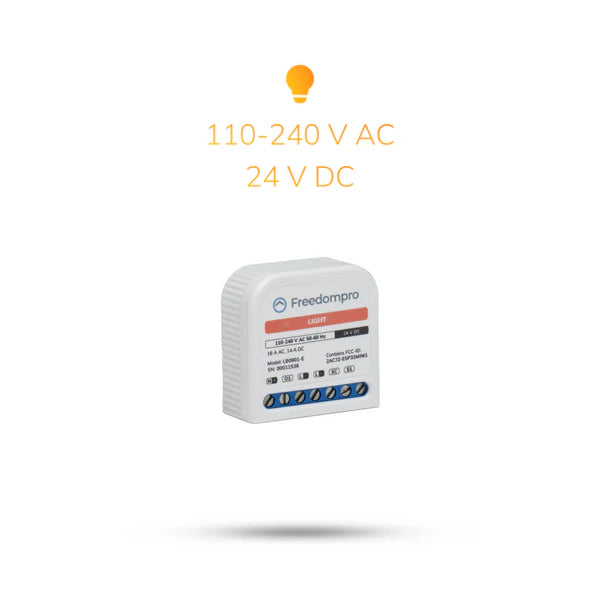 LB0801-E Licht Relais schräg von vorn, darüber die Angabe 110-240 V AC und 24 V DC mit Lampensymbol