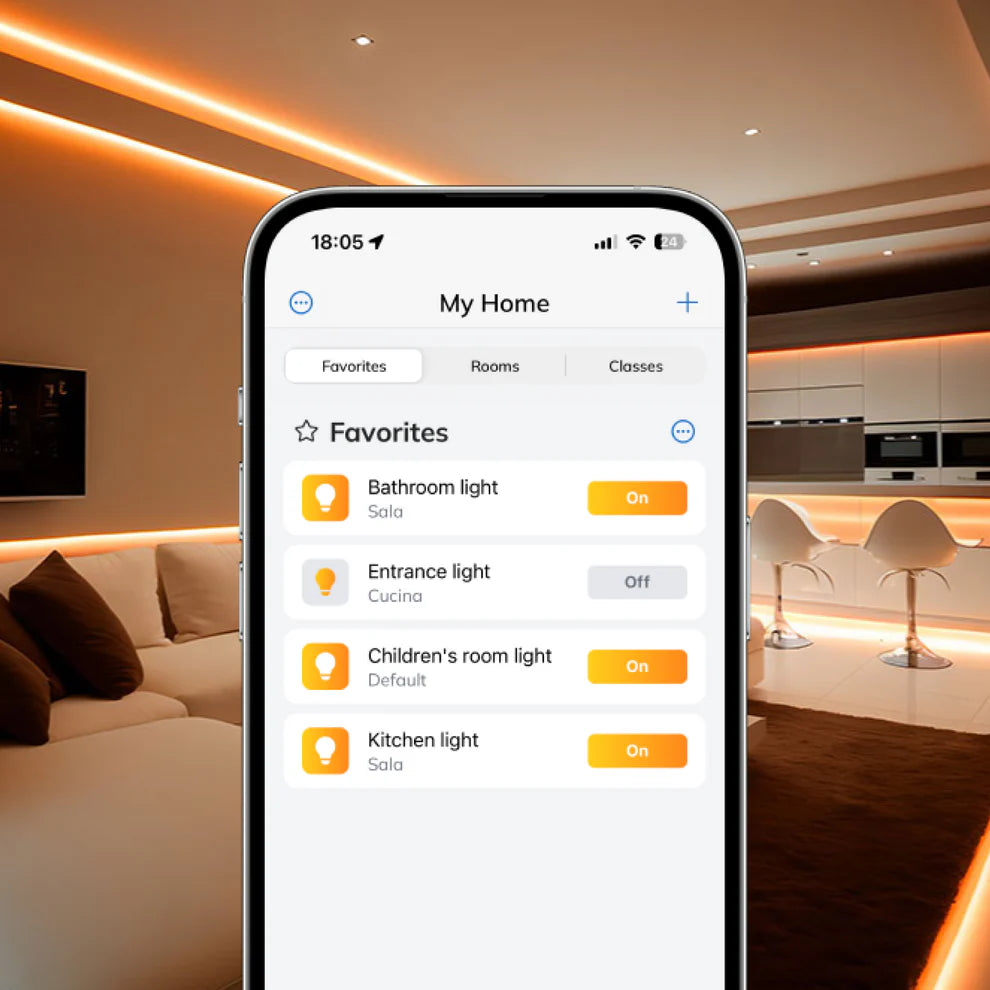 Freedompro App mit vier Lichtern in der Favoritenliste, dahinter indirekt beleuchtete Wohnküche