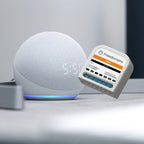 LB0801-F Licht Relais mit orangem LIGHT-Label neben einem smarten Lautsprecher auf der Ablage