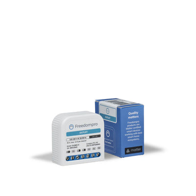 Freedompro OL0602-E Steckdosen Relais mit türkisem OUTLET-Label neben der blauen Verpackung