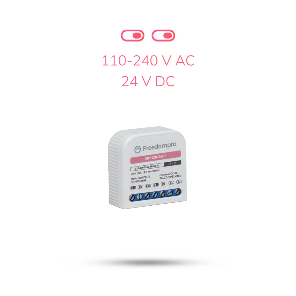 Freedompro SW0702-E mit zwei Kanal-Symbolen und den Angaben 110-240 V AC und 24 V DC