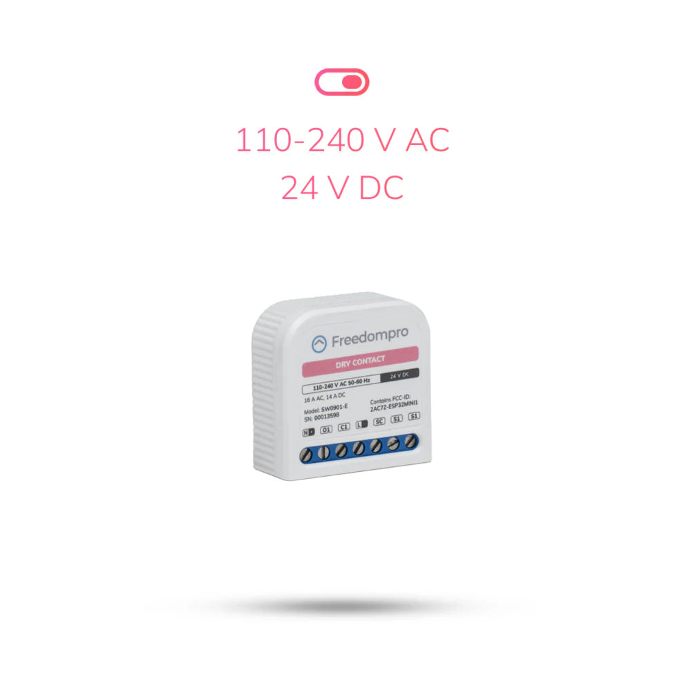 Freedompro SW0901-E freigestellt in Schrägansicht, darüber ein Schaltersymbol und 110-240 V AC sowie 24 V DC