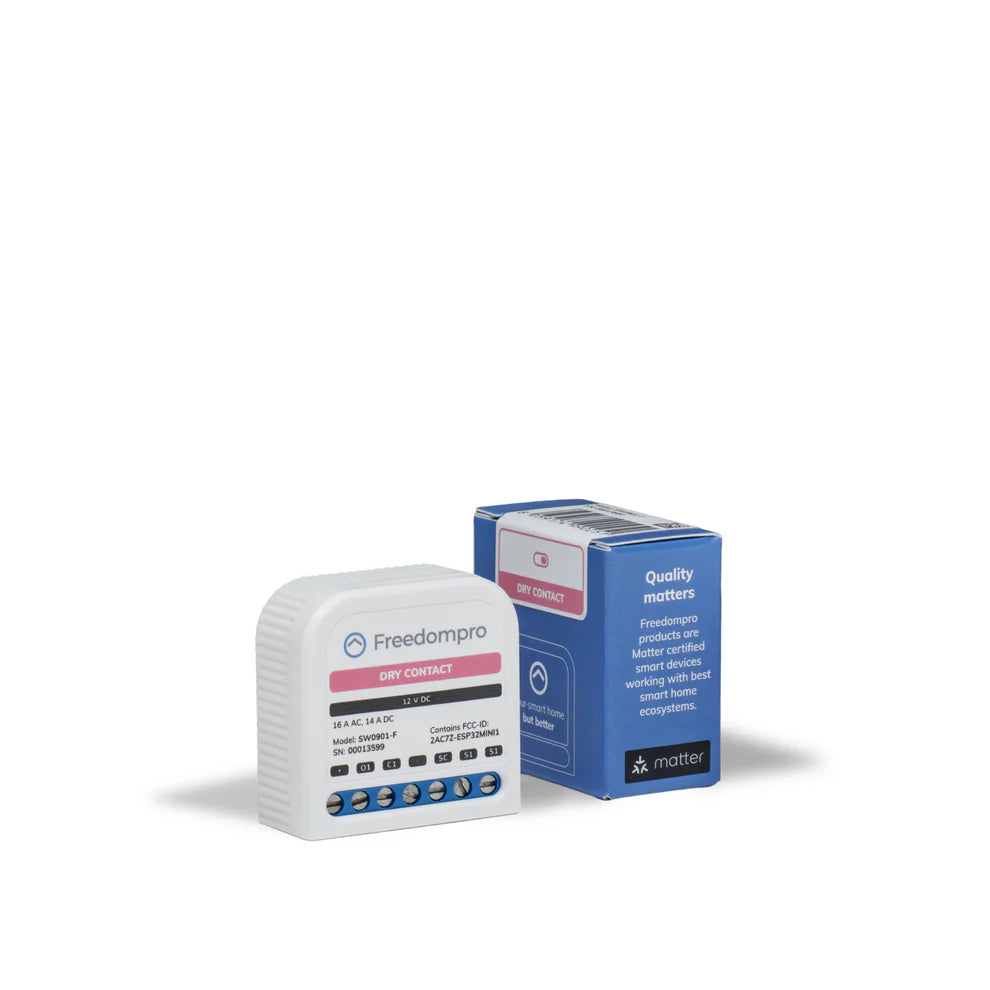 Freedompro SW0901-F Unterputzmodul für 12 V DC neben der blauen Matter-Verpackung