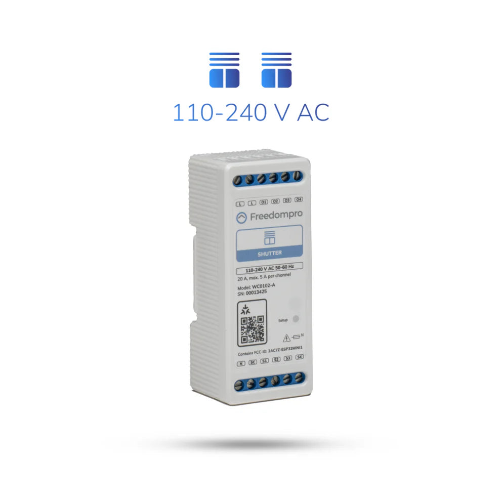 Freedompro WC0102-A freigestellt, darüber zwei Rollladen-Symbole und die Angabe 110-240 V AC