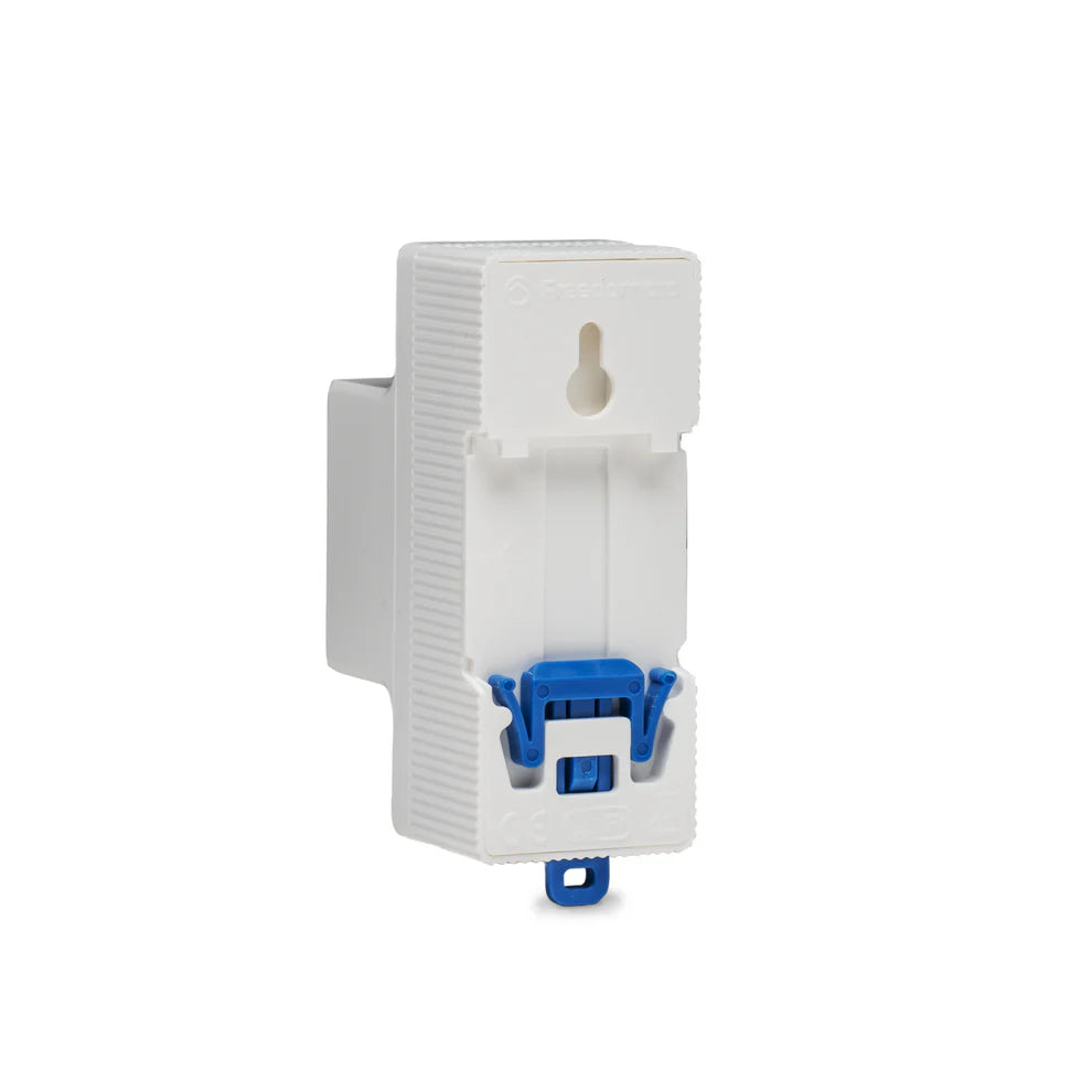 Rückseite des Freedompro WC0102-B mit blauem Clip zur Befestigung auf der Hutschiene