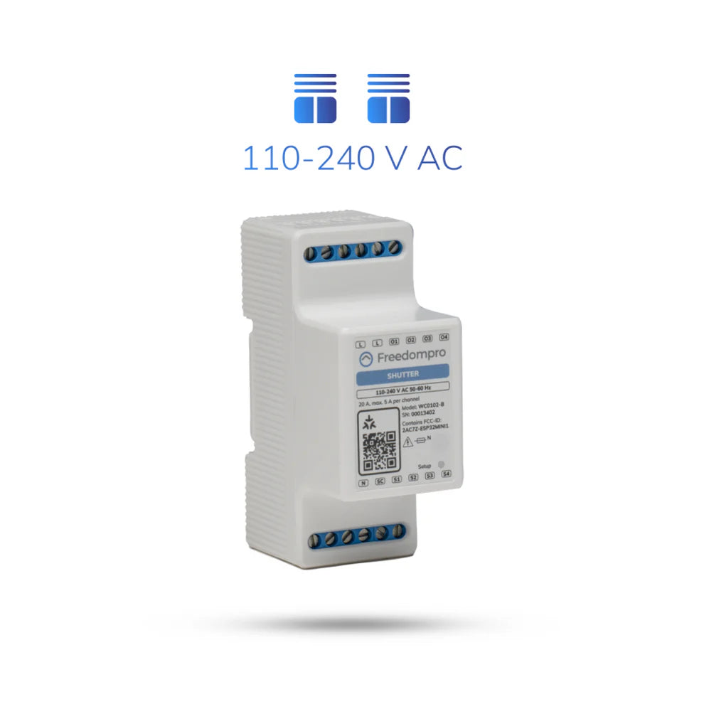 Freedompro WC0102-B in Schrägansicht mit Klemmen O1 bis O4, darüber zwei Rollladensymbole und 110-240 V AC