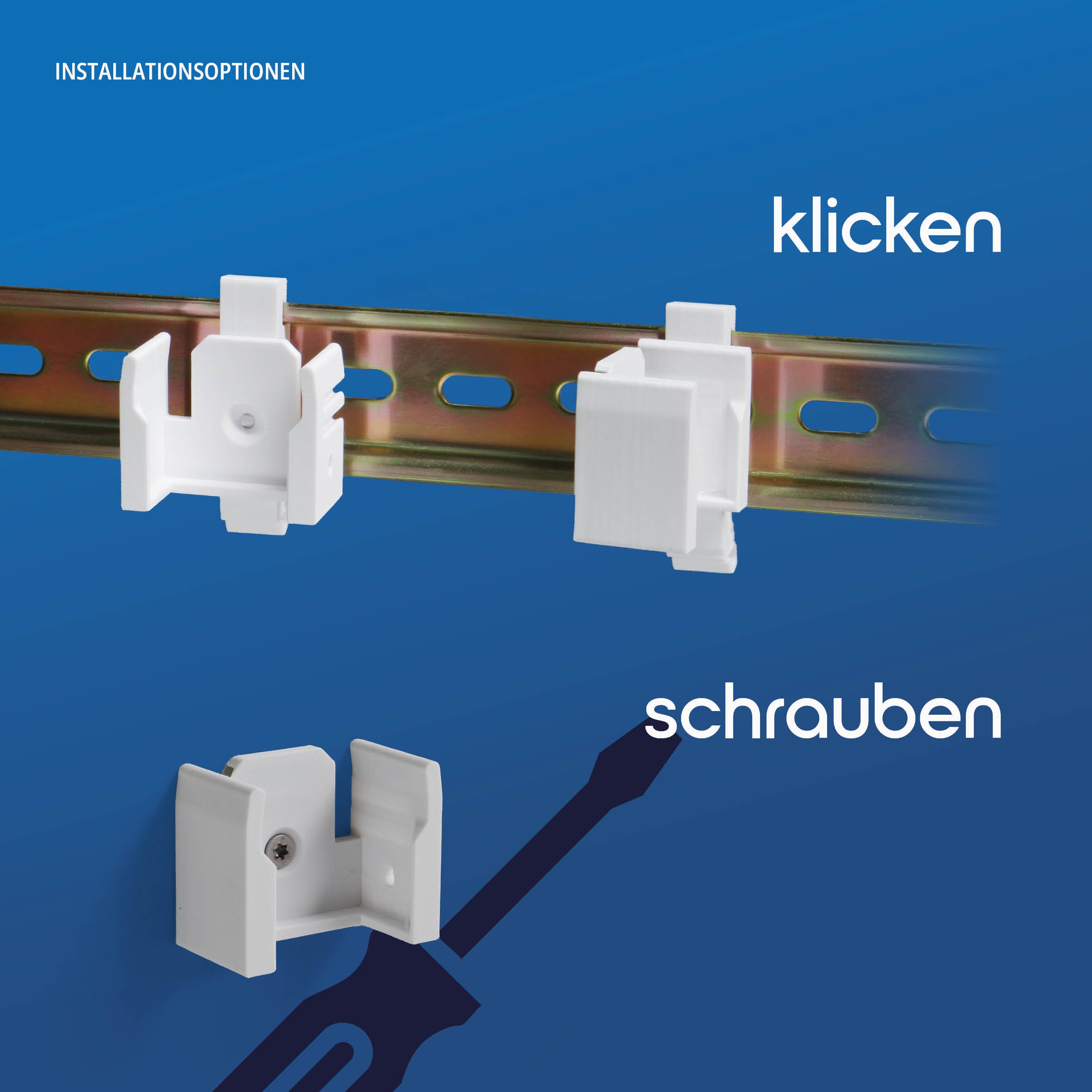 Die Halterung von der Seite mit eingeclipstem Shelly-Mini-Aktor