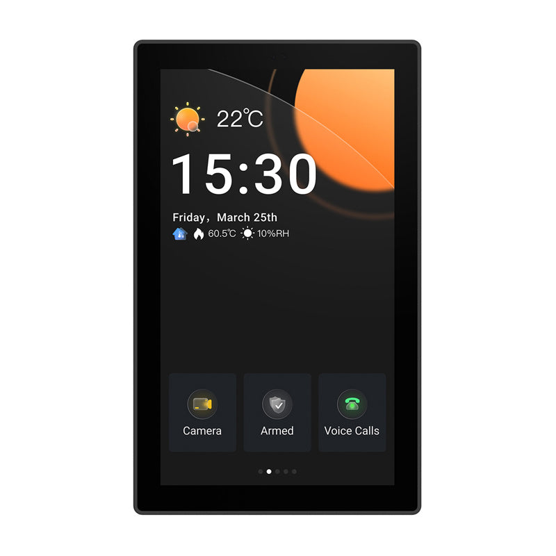Sonoff NSPanel Pro 120 in Dunkelgrau frontal, Display im Querformat mit Kamera, Alarmmodus und Anrufen