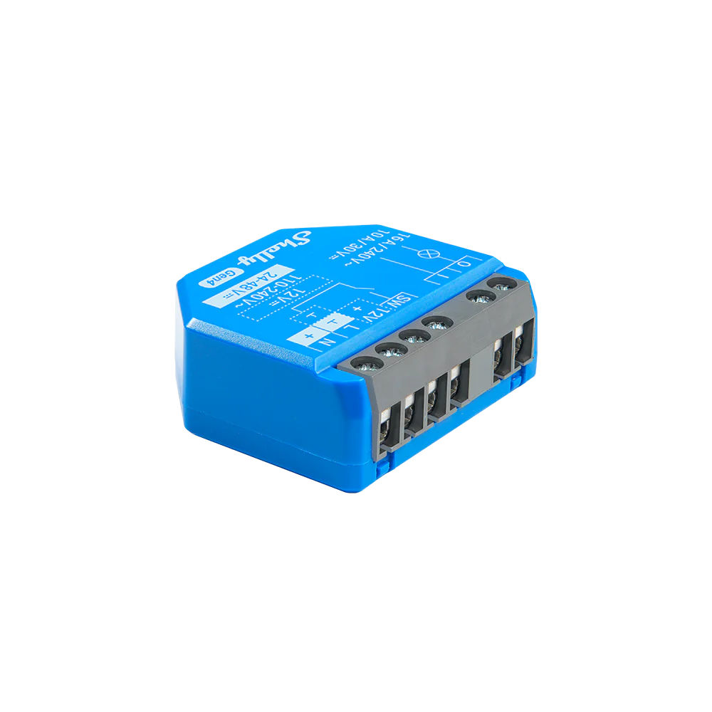 Shelly 1 Gen4: kleines schwarzes Relaismodul mit grauen Schraubklemmen