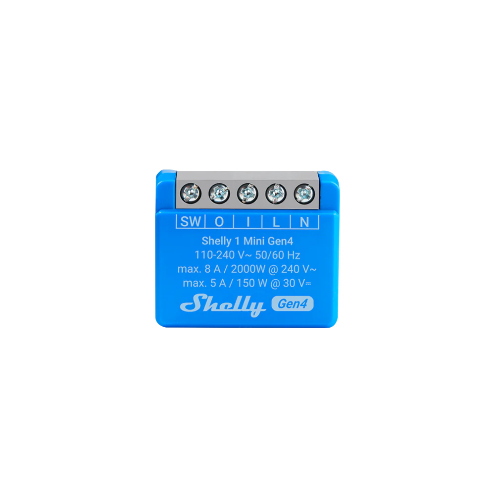 Shelly 1 Mini Gen4: sehr kleines schwarzes Relaismodul mit Klemmen