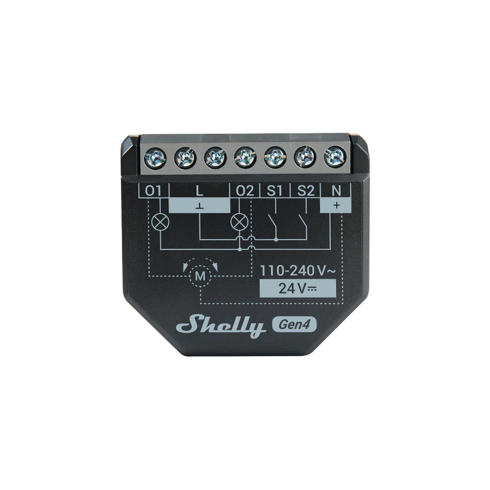Der Shelly 2PM Gen4 von schräg oben mit Klemmenbeschriftung