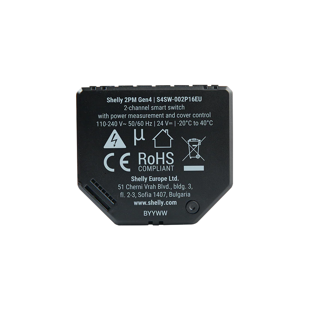 Rückseite des Shelly 2PM Gen4 mit Typenschild, Bestellnummer S4SW-002P16EU und CE-Kennzeichnung
