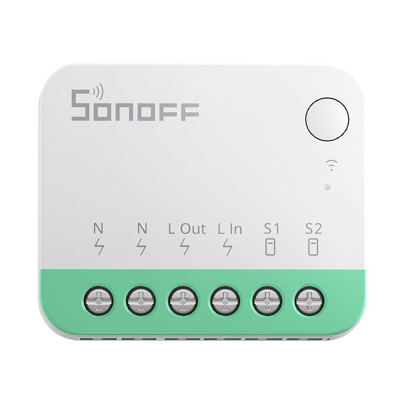 Draufsicht auf die Klemmenseite des Sonoff MiniR4M mit lesbarer Beschriftung N, N, L Out, L In, S1 und S2
