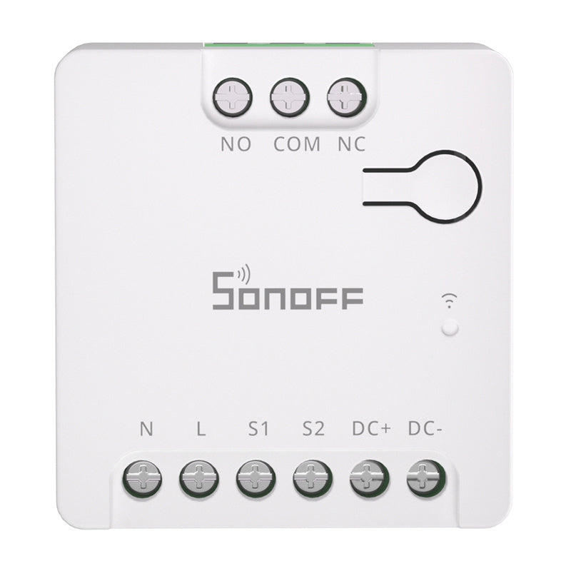 Draufsicht auf den Sonoff Mini Dry Switch, alle Klemmenbeschriftungen und die Status-LED sind lesbar