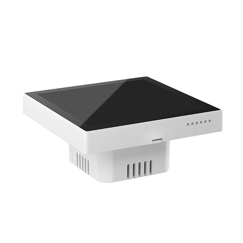 Sonoff NSPanel Pro 86 in Weiß von schräg oben, flache Glasfront mit schwarzem Displayrahmen