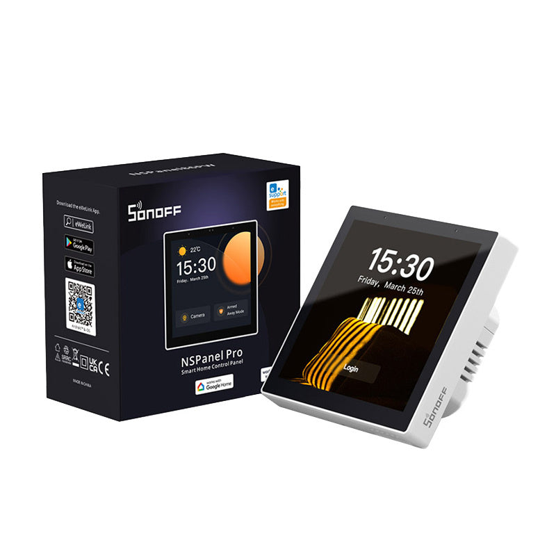 Sonoff NSPanel Pro 86 in Weiß neben der Verpackung, auf dem Display der Anmeldebildschirm der Einrichtung