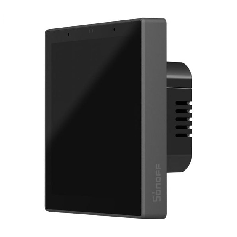 Sonoff NSPanel Pro 86 in Dunkelgrau mit ausgeschaltetem Display, Mikrofone und Helligkeitssensor am Rand