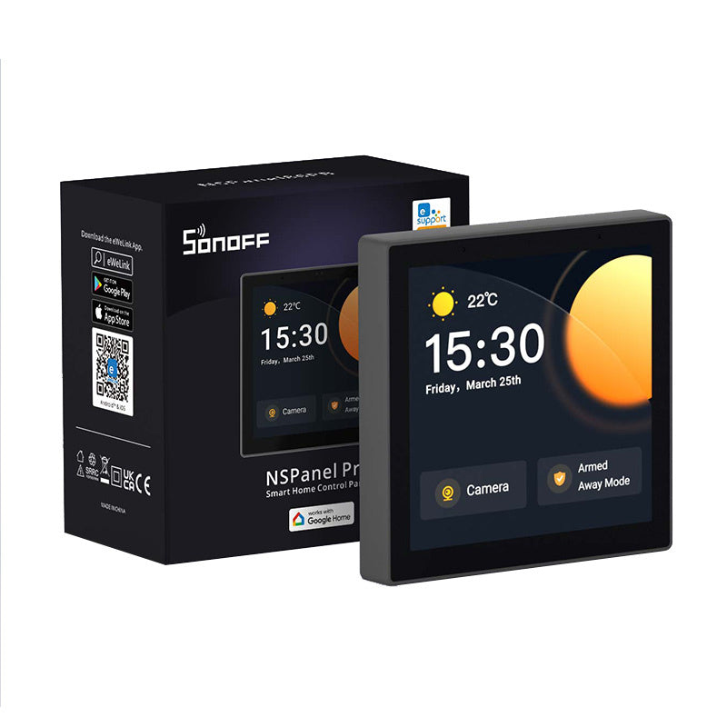 Sonoff NSPanel Pro 86 in Dunkelgrau neben der schwarzen Verpackung mit CE-, UKCA- und SRRC-Zeichen