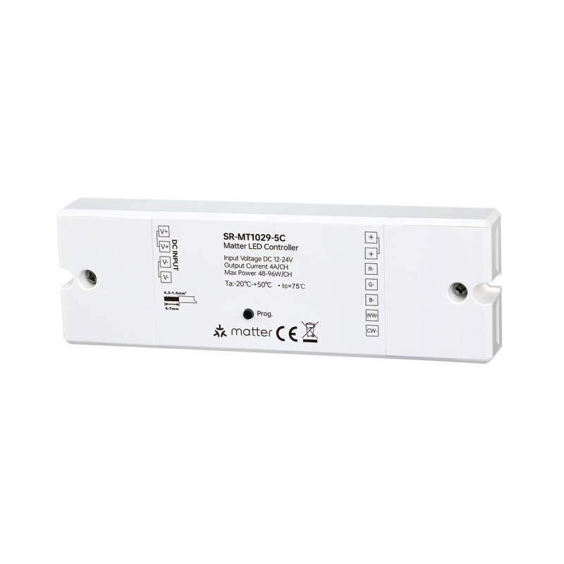 Sunricher Matter RGB+CCT LED Controller SR-MT1029-5C mit Klemmen für Rot, Grün, Blau, WW und CW