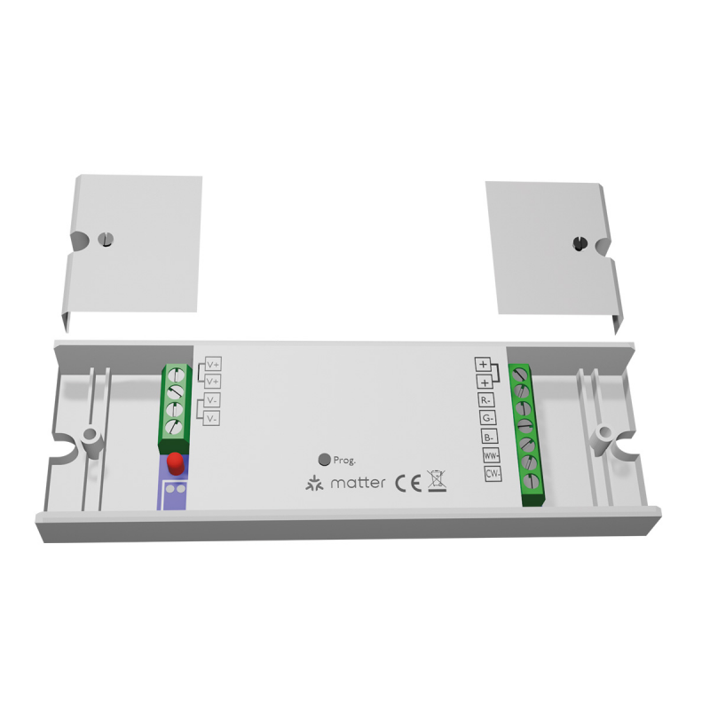 Sunricher RGB+CCT LED Controller mit abgenommenen Endkappen, Blick auf Eingangs- und Ausgangsklemmen