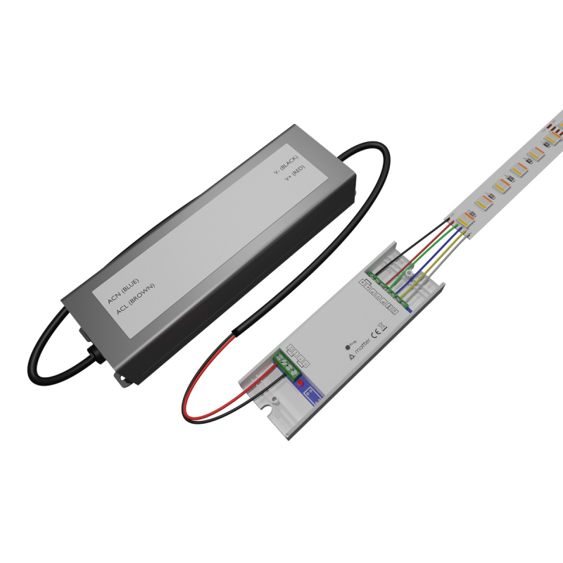 RGB+CCT LED Controller zwischen Netzteil und mehrfarbigem LED-Streifen verkabelt