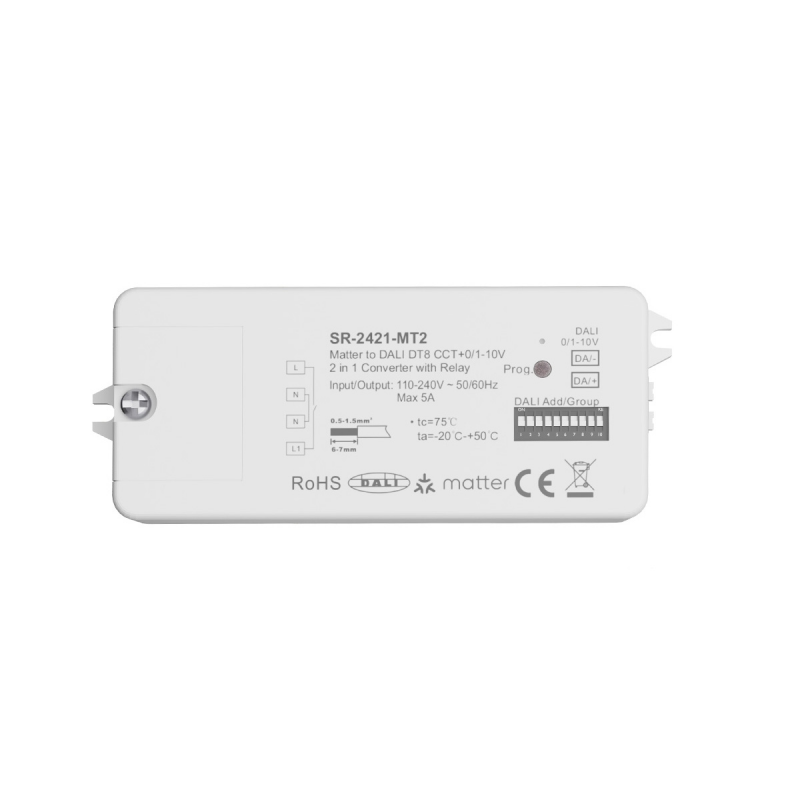 Sunricher SR-2421-MT2 von oben, Aufdruck Matter zu DALI DT8 CCT, DIP-Schalter und Anschlussklemmen