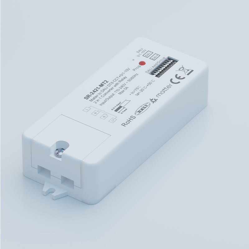SR-2421-MT2 Converter schräg von oben mit Montagelasche, Programmiertaste und roter Status-LED