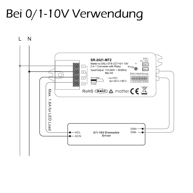 Anschlussschema 0/1-10V: SR-2421-MT2 zwischen Netz und dimmbarem Treiber, max. 1,6 A LED-Last