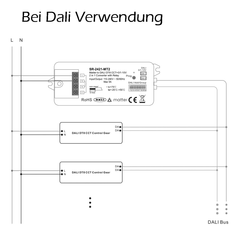 Anschlussschema DALI: SR-2421-MT2 am DALI-Bus mit zwei DALI DT8 CCT Betriebsgeräten