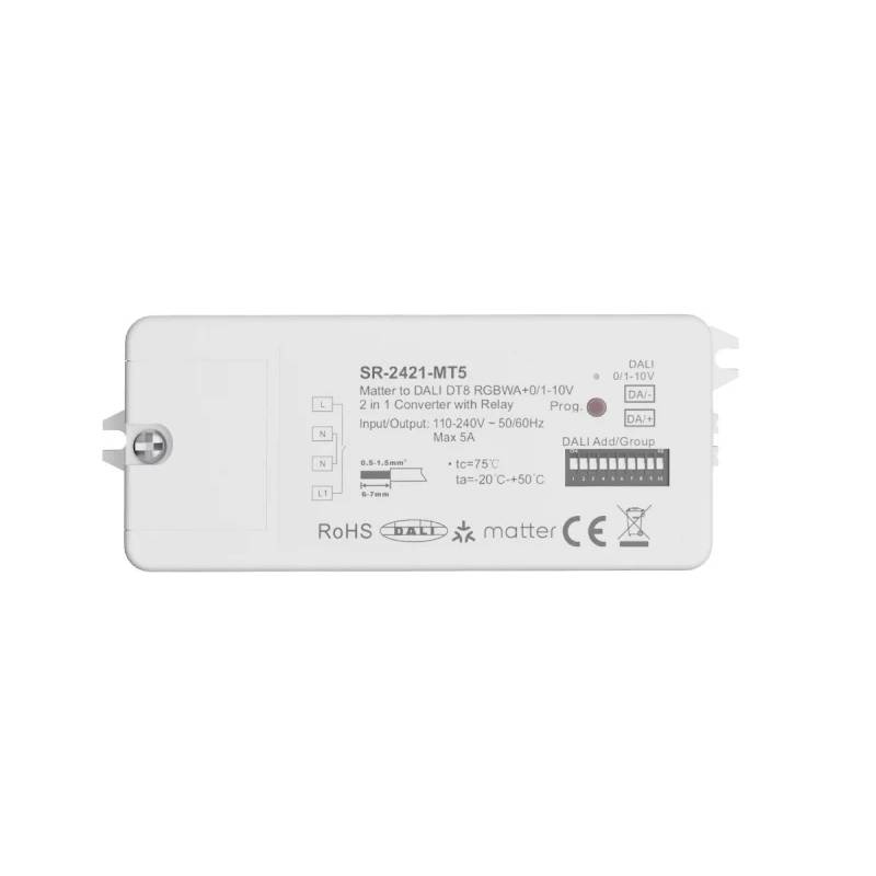 Sunricher SR-2421-MT5 von oben, Aufdruck Matter zu DALI DT8 RGBWA, DIP-Schalter und Klemmen für L und N