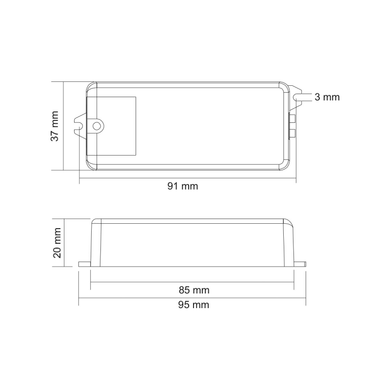 Maßzeichnung SR-2421-MT5: 91 mm lang, 37 mm breit, 20 mm hoch, Laschenabstand 95 mm