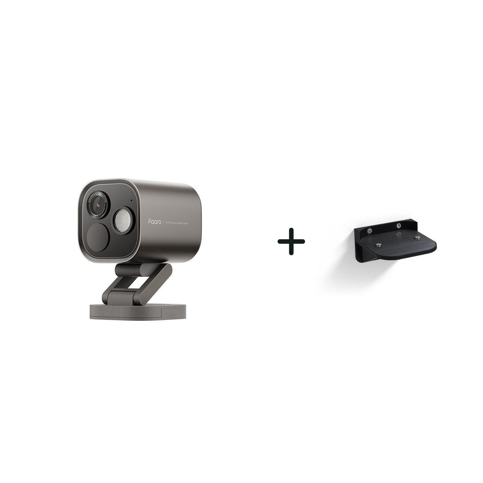 Aqara Camera Hub G5 Pro in Grau und schwarze Wandhalterung nebeneinander vor weißem Hintergrund